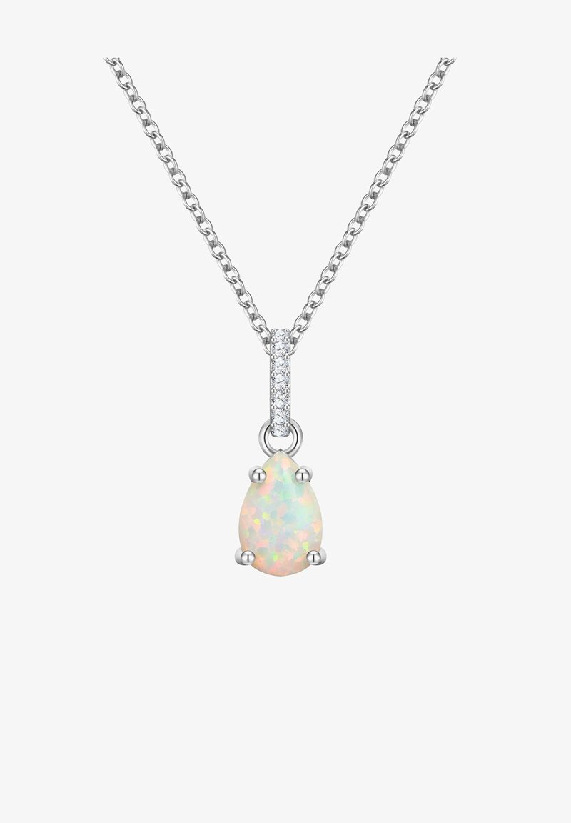 Sidabrinė apyrankė su opaliniu ašaros formos pakabuku, turinti kablys laikiklius ir mažą skaidrių brangakmenių dalį virš pakabuko.