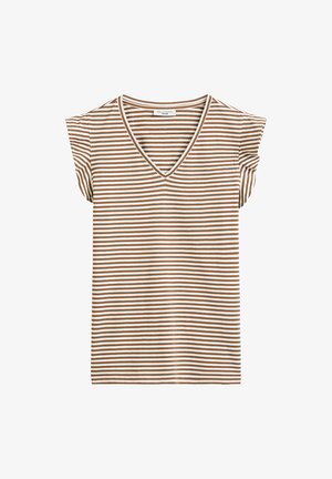 T-shirt à rayures marron et blanches avec un col en V et des manches courtes roulées. Fabriqué en tissu doux, il présente une coupe décontractée.