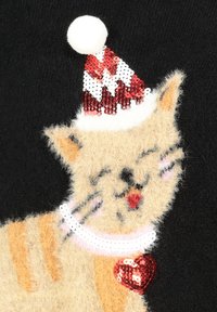 Cream-colored cat with pink accents, wearing a red and white sequined party hat and a heart-shaped red sequined collar, on a black background.