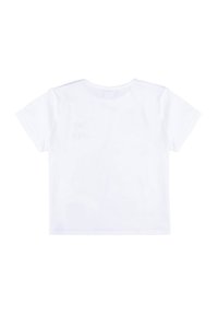 T-shirt bianco a maniche corte in cotone, con scollatura rotonda e schiena semplice. Presenta una scritta leggera sul lato sinistro superiore.