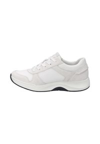 White athletic shoes made of suede and mesh, featuring a cushioned sole, lace-up design, and a subtle black tread on the bottom.