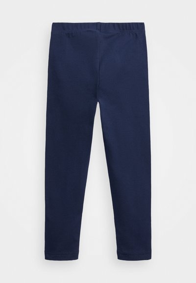 Marineblaue Leggings aus weichem, elastischem Stoff mit einem elastischen Bund und ohne sichtbare Taschen oder Verzierungen.