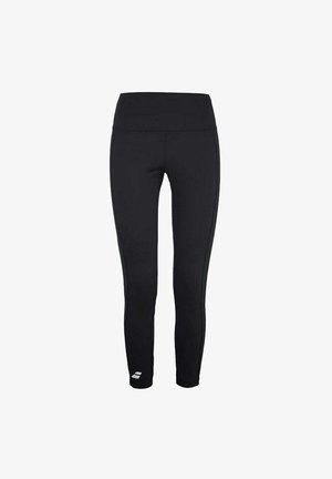 Schwarze sportliche Leggings mit hohem Bund, aus dehnbarem Material, mit seitlichen Akzenten und einem kleinen Logo am Unterschenkel.