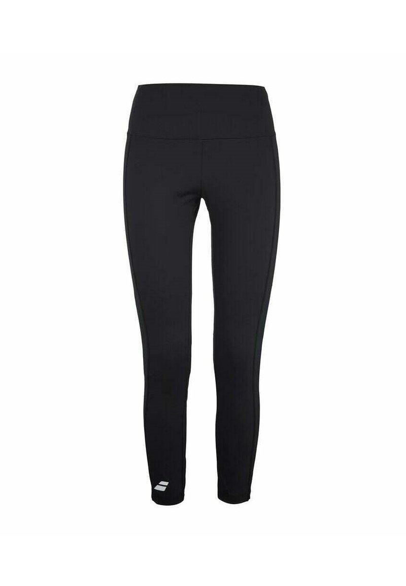 Leggings sportivi neri con un'alta vita, realizzati in materiale elasticizzato, con accenti laterali e un piccolo logo sulla parte inferiore della gamba.