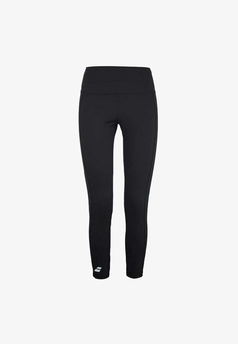 Leggings deportivos negros con una cinturilla alta, hechos de material elástico, con detalles laterales y un pequeño logo en la parte inferior de la pierna.