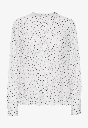 Biała bluzka z długim rękawem, okrągłym dekoltem, zapięciem na guziki z przodu i rozrzuconymi, wielokolorowymi, kropkami w odcieniach granatowym, różowym i brązowym.