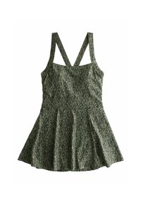 Grön ärmlös topp med en utsvängd kjol, med ett strukturerat mönster och korslagda band bak. Slät tyg med en figurnära bodice.