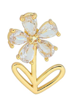 Gold flower-shaped brooch with five clear teardrop gemstones as petals and a curved gold stem and leaf design.