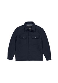 Navy blue jacket made of a textured fabric, featuring two front pockets with flaps, button closure, and a collar. Long sleeves included.