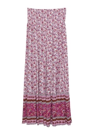 Jupe maxi blanche avec imprimé floral violet. Taille smockée, silhouette fluide, dotée d'un ourlet à motifs dans des nuances de rose et de marron.
