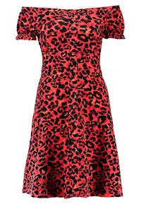 Röd off-shoulder klänning med leopardmönster, korta puffärmar, knäppning framtill och en utställd kjoldesign.