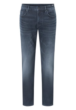 Slim-fit herenjeans in donkerblauw met subtiele vervaging, vijf zakken en een knoopsluiting in de taille.