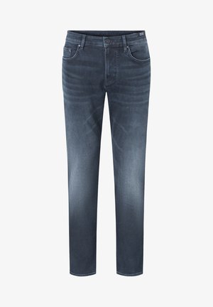 Vaqueros de corte ajustado para hombre en azul oscuro con sutil desgaste, cinco bolsillos y cierre de botón en la cintura.