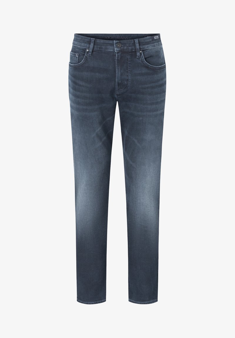 Jean slim pour homme de couleur bleu foncé avec un léger délavage, cinq poches et une fermeture bouton à la taille.