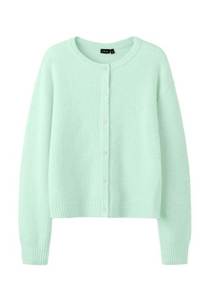 Šviesiai mėtos žalios spalvos megztas kardiganas su apvalia iškirpte, ilgomis rankovėmis, akordeono rankogaliais ir apačia, bei priekyje užsegamas šešiais mygtukais.