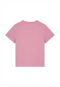 Rosa Kurzarm-T-Shirt mit Rundhalsausschnitt, aus weichem Baumwollstoff gefertigt, mit einem schlichten Design ohne Muster oder Akzente.