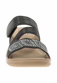 Infradito neri con due cinturini regolabili, decorati con strass su un cinturino curvo, e una suola imbottita beige.