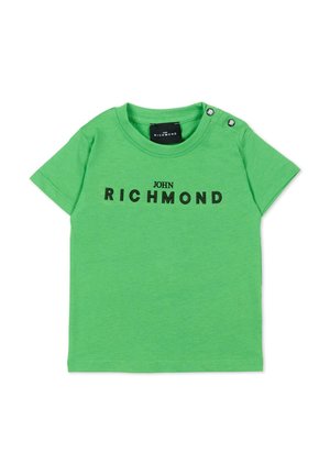 Groen peuter T-shirt met korte mouwen en "JOHN RICHMOND" bedrukt in zwart, met drukknopen op de linkerschouder.