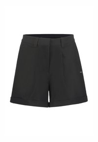 Schwarze Shorts aus leichtem Stoff, mit umgeschlagenem Saum, zwei Vordertaschen und flachem Frontbereich mit seitlichen Falten.