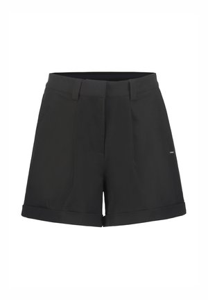 Schwarze Shorts aus leichtem Stoff, mit umgeschlagenem Saum, zwei Vordertaschen und flachem Frontbereich mit seitlichen Falten.