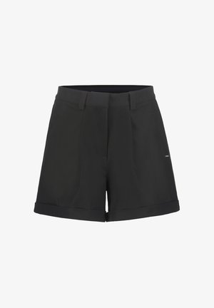 Schwarze Shorts aus leichtem Stoff, mit umgeschlagenem Saum, zwei Vordertaschen und flachem Frontbereich mit seitlichen Falten.