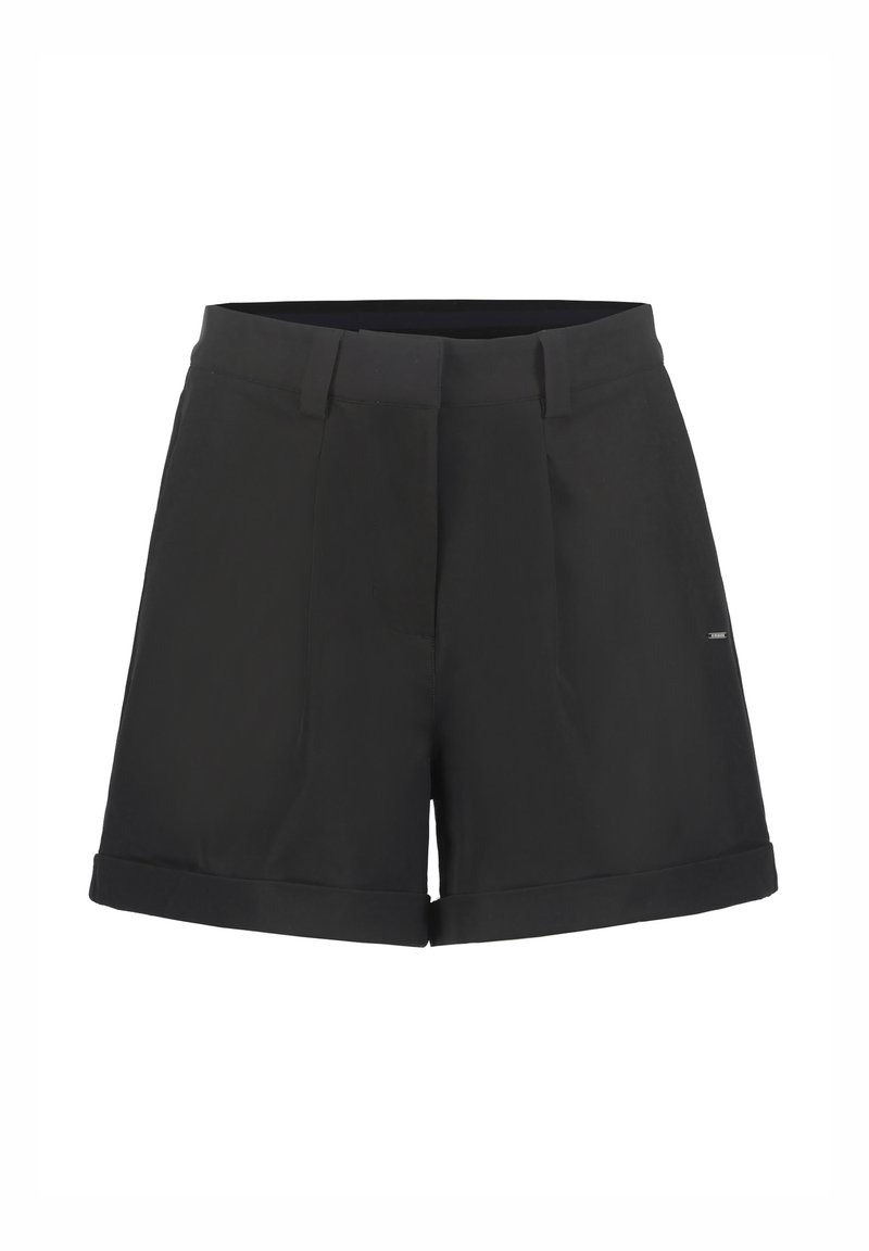 Schwarze Shorts aus leichtem Stoff, mit umgeschlagenem Saum, zwei Vordertaschen und flachem Frontbereich mit seitlichen Falten.