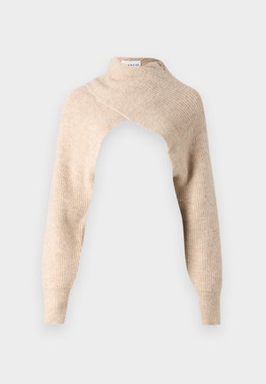 Beige gestrickter Pullover mit hohem Kragen und asymmetrischem Ausschnitt-Design, mit langen, eng anliegenden Ärmeln und einem strukturierten Rippenstoff.