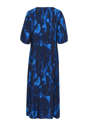 Short-sleeve dress featuring a blue abstract pattern on a dark background, with a relaxed fit and knee-length design. Soft fabric texture.