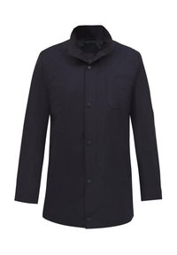 Ciemnoniebieska kurtka z wysokim kołnierzem, z guzikami z przodu i kieszenią na piersi. Wykonana z gładkiego, lekkiego materiału o minimalistycznym designie.