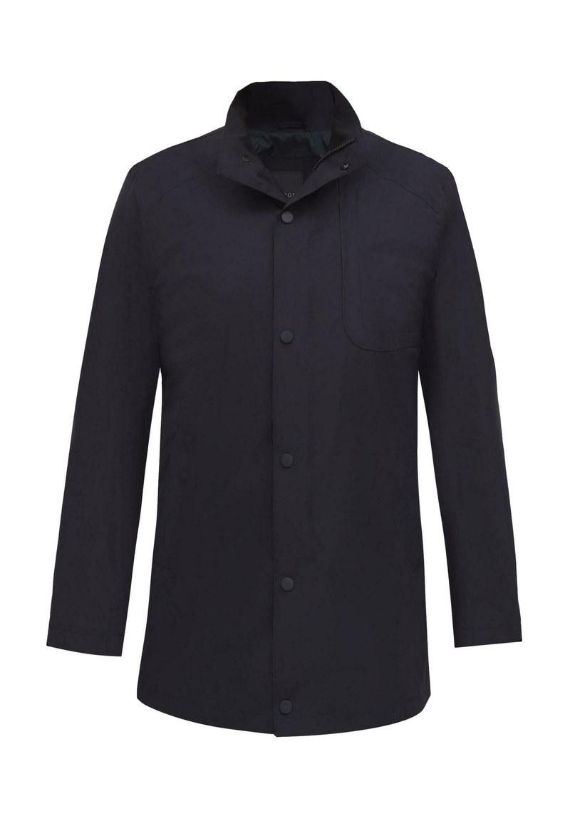 Ciemnoniebieska kurtka z wysokim kołnierzem, z guzikami z przodu i kieszenią na piersi. Wykonana z gładkiego, lekkiego materiału o minimalistycznym designie.