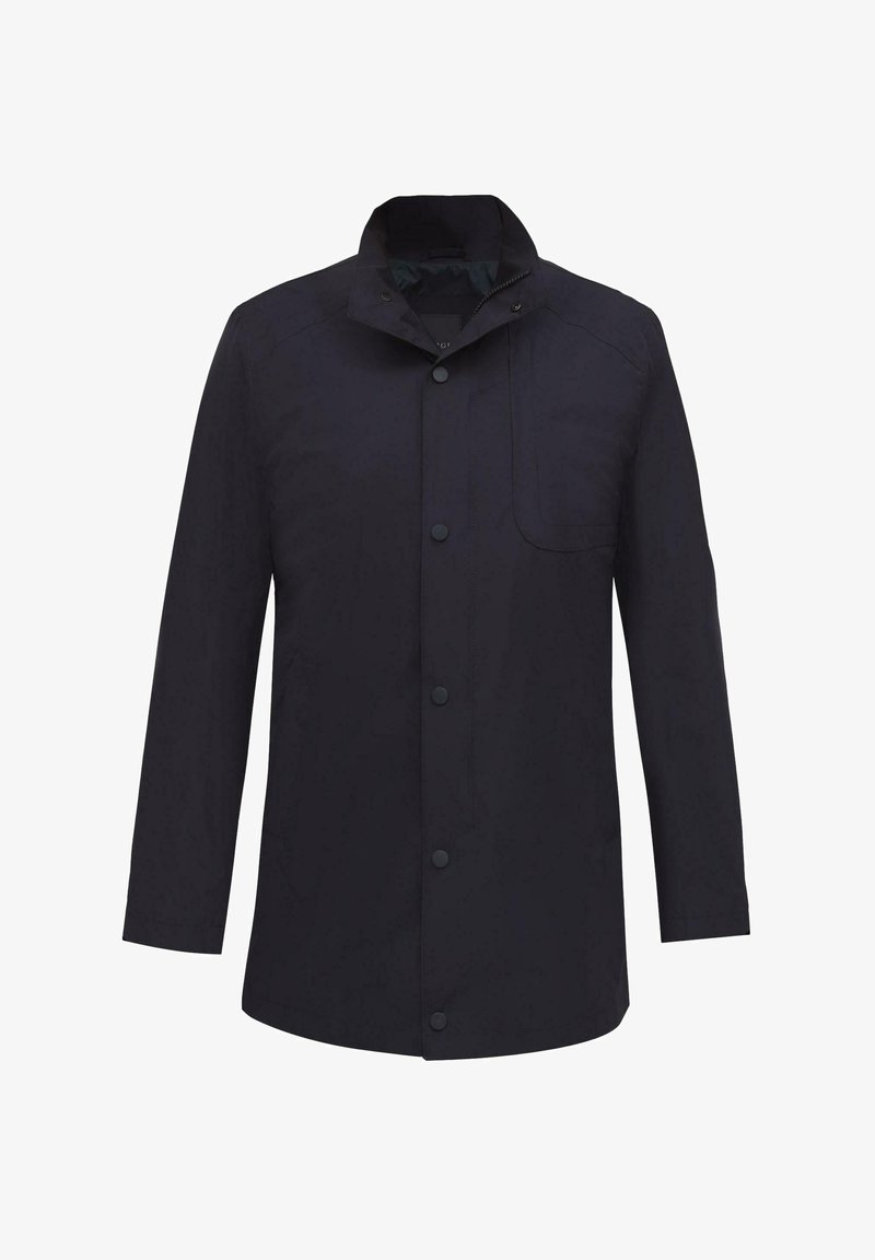 Ciemnoniebieska kurtka z wysokim kołnierzem, z guzikami z przodu i kieszenią na piersi. Wykonana z gładkiego, lekkiego materiału o minimalistycznym designie.