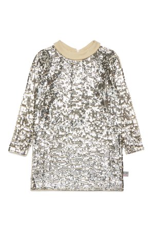 Silver sequin top with long sleeves, round beige collar, and textured pattern. The embellishments create a shimmering effect throughout.