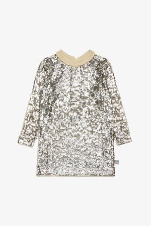 Top in paillettes argento con maniche lunghe, colletto rotondo beige e motivo testurizzato. Gli embellishments creano un effetto scintillante su tutta la superficie.