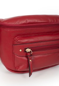 Borsa a tracolla rossa in pelle caratterizzata da una superficie liscia, scomparti con zip, dettagli in metallo dorato e una forma ovale compatta.