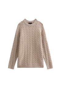 Pull beige en maille torsadée à manches longues, col rond et ourlet côtelé. La texture du tissu est douce et légèrement texturée.