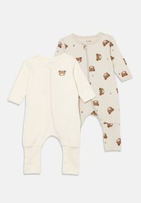 To babybodyer. Den ene er lys kremfarget med en bjørnegrafikk; den andre er beige med gjentatte mønstre av bjørn og poteavtrykk. Lange ermer, glidelåslukking.