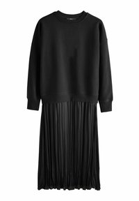 Schwarzes Kleid mit einem taillierten Sweatshirt-Oberteil und einem gef�ältelten Rock. Der Stoff ist oben glatt und unten fließend mit Textur.