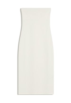 Trägerloses, knielanges weißes Kleid mit gerader, taillierter Silhouette und glatter Stoffstruktur.