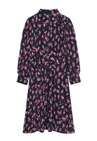 Robe fleurie avec un fond bleu marine et des motifs de feuilles roses et blanches, à manches longues, avec un col et une taille ceinturée.
