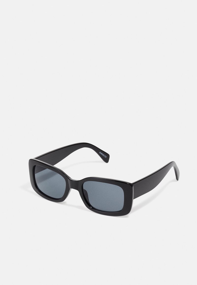 Black rectangular sunglasses with dark tinted lenses, thick plastic frame, and wide temples. Smooth surface and angular design.