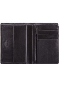 Portafoglio in pelle nera con più slot per carte, texture liscia e una tasca laterale per riporre oggetti. Design compatto con bordi cuciti.