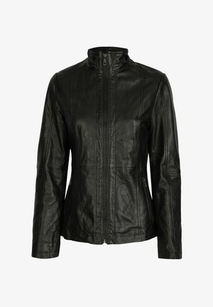 Juodas odinis švarkas su aukštu apykakle, priekyje užtrauktuku ir vertikaliomis siūlėmis. Yra dvi šoninės kišenės ir prigludęs dizainas. Lygus tekstūros paviršius.