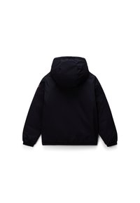 Veste à capuche noire avec des poignets et un ourlet élastiques, vue de dos sur un fond blanc.
