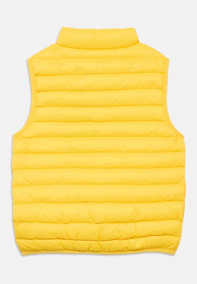 Yellow quilted sleeveless puffer vest with high collar, horizontal stitching, and straight hem, shown from the back on a white background.