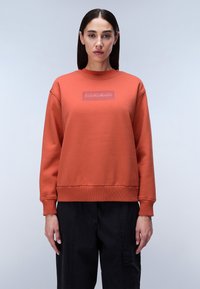Sudadera de color óxido hecha de una tela suave, con cuello redondo y puños de canalé, y un parche de marca en la parte frontal. Combinada con pantalones negros.