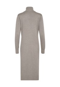 Abito a maniche lunghe e collo alto in grigio chiaro, realizzato in un morbido tessuto a maglia. Presenta una linea dritta e colletto e polsini a coste.