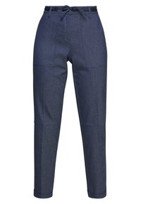 Pantalon bleu foncé sur mesure en denim. Il présente une taille élastiquée avec cordon de serrage et des détails subtils de patchwork sur les jambes.