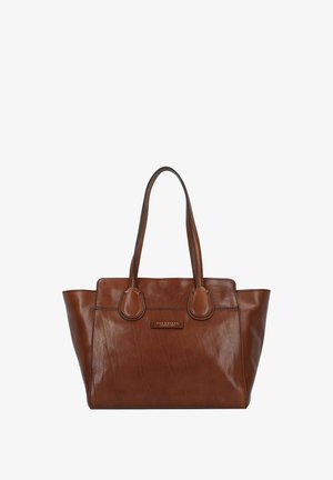 Borsa tote in pelle marrone con due manici superiori, texture liscia, design minimalista e una placca logo metallica sulla parte frontale.