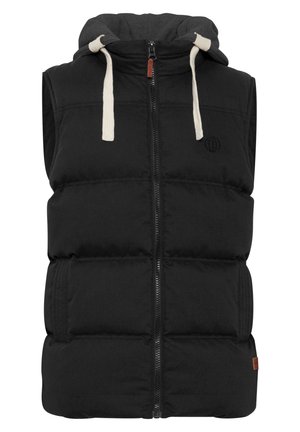 Gilet imbottito nero con zip frontale, design senza maniche e cappuccio grigio regolabile. Presenta lacci color crema e un dettaglio del logo sul petto.