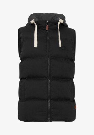 Svart puffer vest med glidelås foran, ermløs design og justerbar grå hette. Har kremfargede snorer og logo-detalj på brystet.